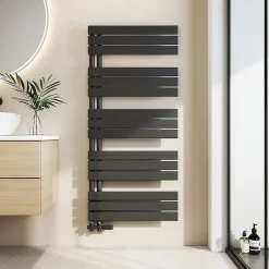 EMKE Sèche-Serviettes à Eau Chaude pour Salle de Bain, Panneau Plat Design Noir 1320x600mm 798W, Connexion Latérale* Sèche-Serviettes Eau Chaude