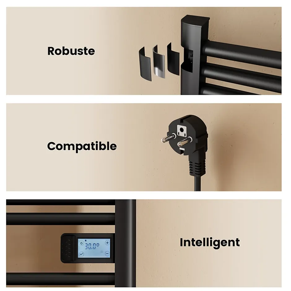 EMKE Sèche-Serviettes Électrique 1200 x 540 mm,Porte-serviettes de salle de bain avec interrupteur tactile et minuterie,Noir,600W