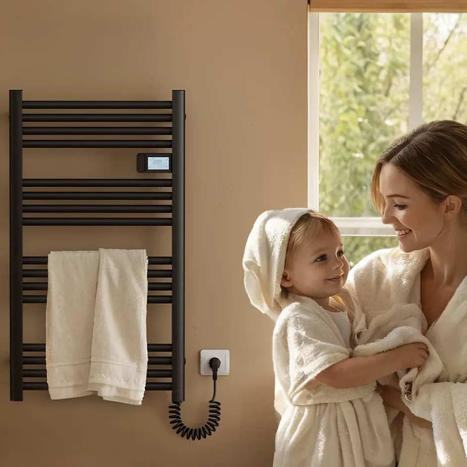 EMKE Sèche-Serviettes Électrique 1200 x 540 mm,Porte-serviettes de salle de bain avec interrupteur tactile et minuterie,Noir,600W