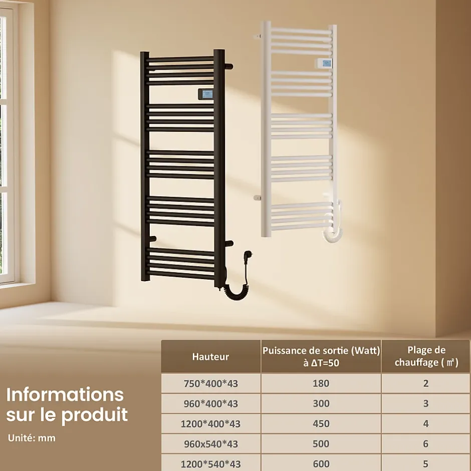 EMKE Sèche-Serviettes Électrique 1200 x 540 mm,Porte-serviettes de salle de bain avec interrupteur tactile et minuterie,Noir,600W