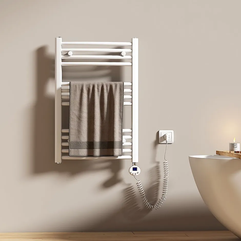 EMKE Sèche-serviettes électrique avec thermostat 75 x 50 cm, radiateur de salle de bain incurvé,blanc brillant, 300 watts