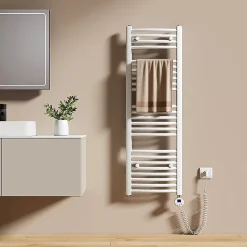 EMKE Sèche-serviettes électrique avec thermostat 120 x 40 cm, radiateur de salle de bain incurvé, blanc brillant, 500 watts