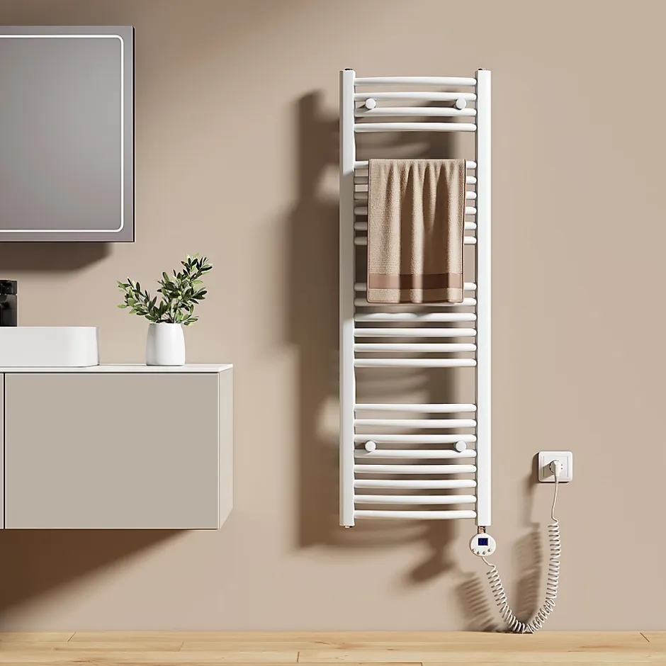 EMKE Sèche-serviettes électrique avec thermostat 120 x 40 cm, radiateur de salle de bain incurvé, blanc brillant, 500 watts