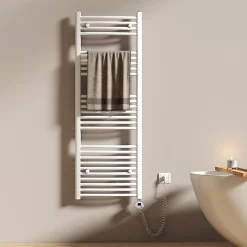 EMKE Sèche-serviettes électrique avec thermostat 140 x 50 cm, radiateur de salle de bain incurvé, blanc brillant, 600 watts