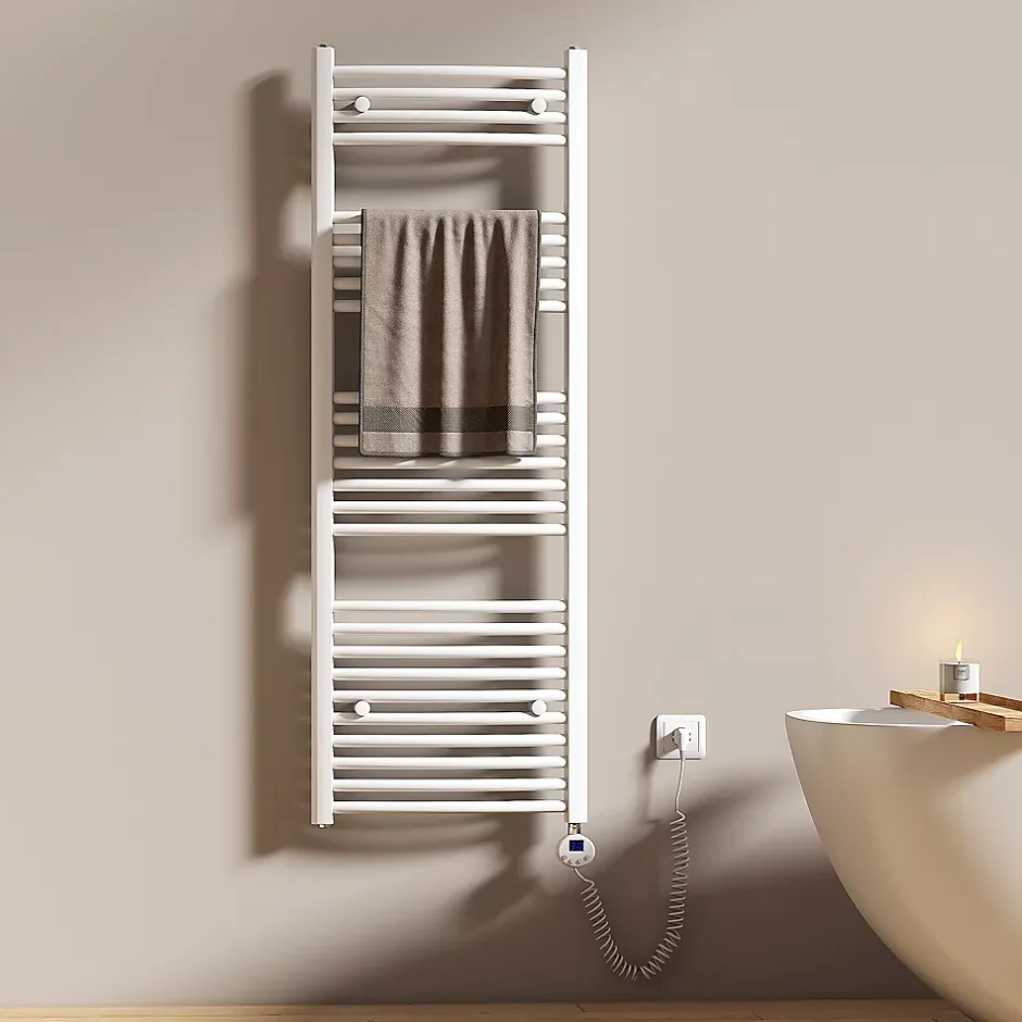 EMKE Sèche-serviettes électrique avec thermostat 140 x 50 cm, radiateur de salle de bain incurvé, blanc brillant, 600 watts