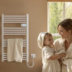 EMKE Sèche-Serviettes Électrique 1200 x 400 mm,Porte-serviettes de salle de bain avec interrupteur tactile et minuterie,Blanc,450W* Sèche-Serviettes Électrique