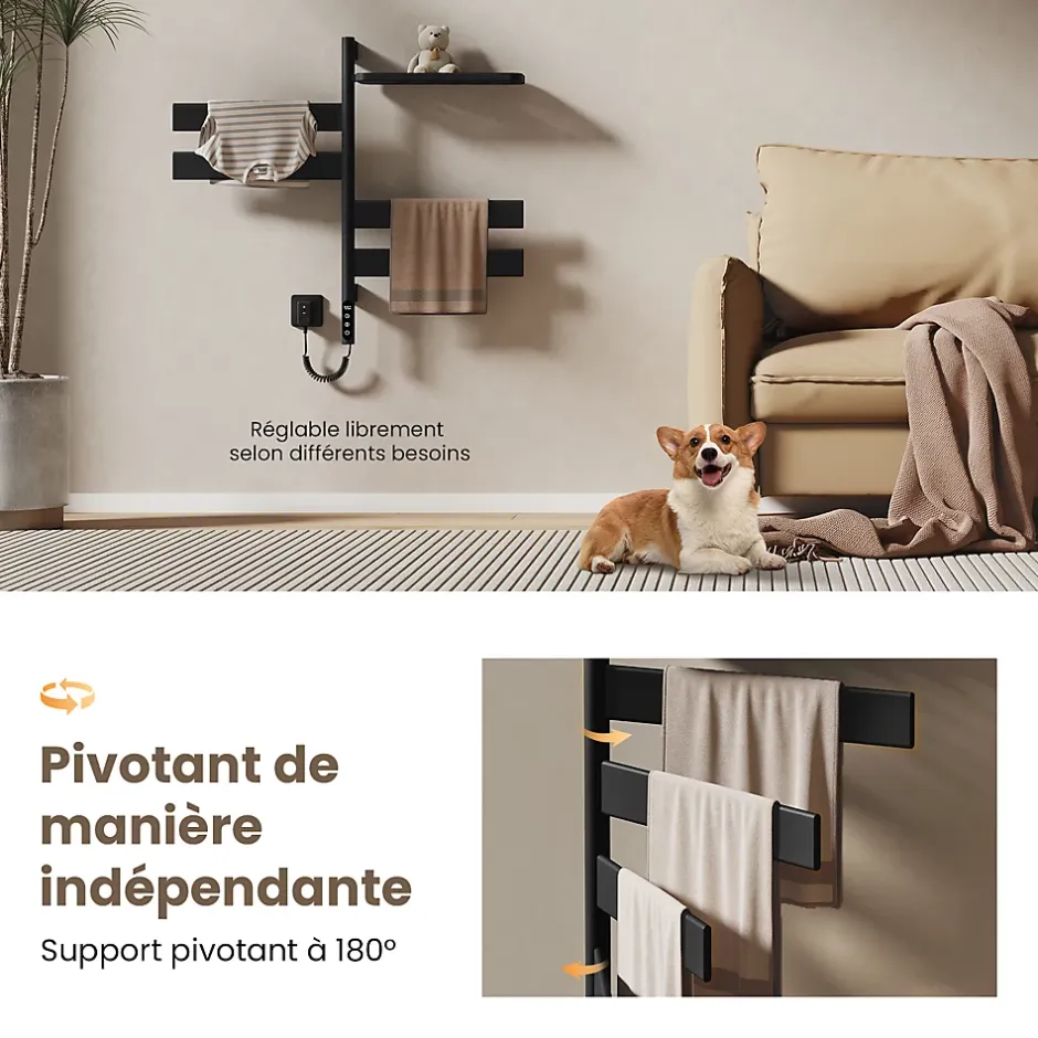 EMKE Sèche-serviettes électrique, rotatif à 180, 76 x 45 cm, sèche-serviettes et radiateur pour salle de bain, Noir mat* Sèche-Serviettes Électrique