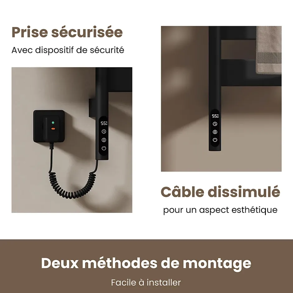 EMKE Sèche-serviettes électrique, rotatif à 180, 76 x 45 cm, sèche-serviettes et radiateur pour salle de bain, Noir mat* Sèche-Serviettes Électrique