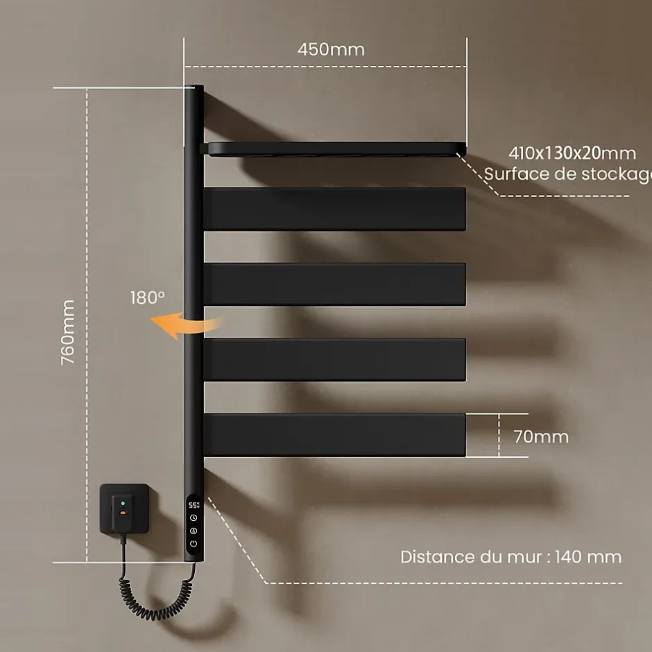 EMKE Sèche-serviettes électrique, rotatif à 180, 76 x 45 cm, sèche-serviettes et radiateur pour salle de bain, Noir mat* Sèche-Serviettes Électrique