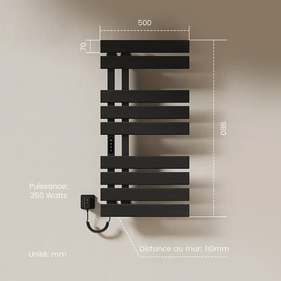 EMKE Sèche-Serviettes Électrique de salle de bain 1000 x 500 mm, Porte-serviettes chauffant électrique, Noir 350W* Sèche-Serviettes Électrique