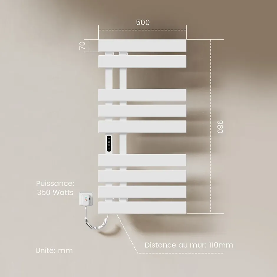 EMKE Sèche-Serviettes Électrique de salle de bain 1000 x 500 mm, Porte-serviettes chauffant électrique, Blanc 350W* Sèche-Serviettes Électrique
