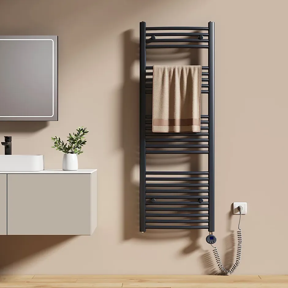 EMKE Sèche-serviettes électrique avec thermostat 140 x 50 cm, radiateur de salle de bain incurvé, gris anthracite, 600 watts