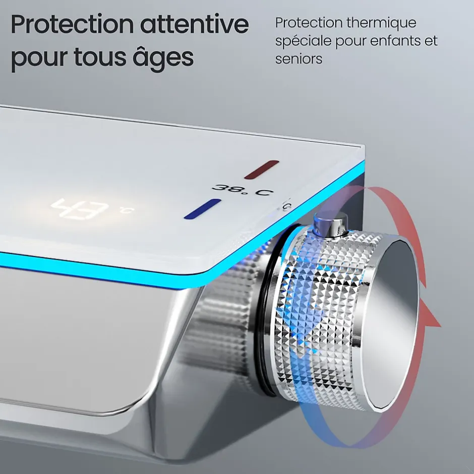 EMKE Système de Douche avec Thermostat, Chrome, Éclairage LED, Douche à Effet Pluie, 3 Modes de Jet, Bec de Sortie Inférieur* Colonne De Douche Thermostatique
