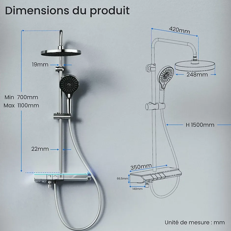 EMKE Système de Douche avec Thermostat, Chrome, Éclairage LED, Douche à Effet Pluie, 3 Modes de Jet, Bec de Sortie Inférieur* Colonne De Douche Thermostatique