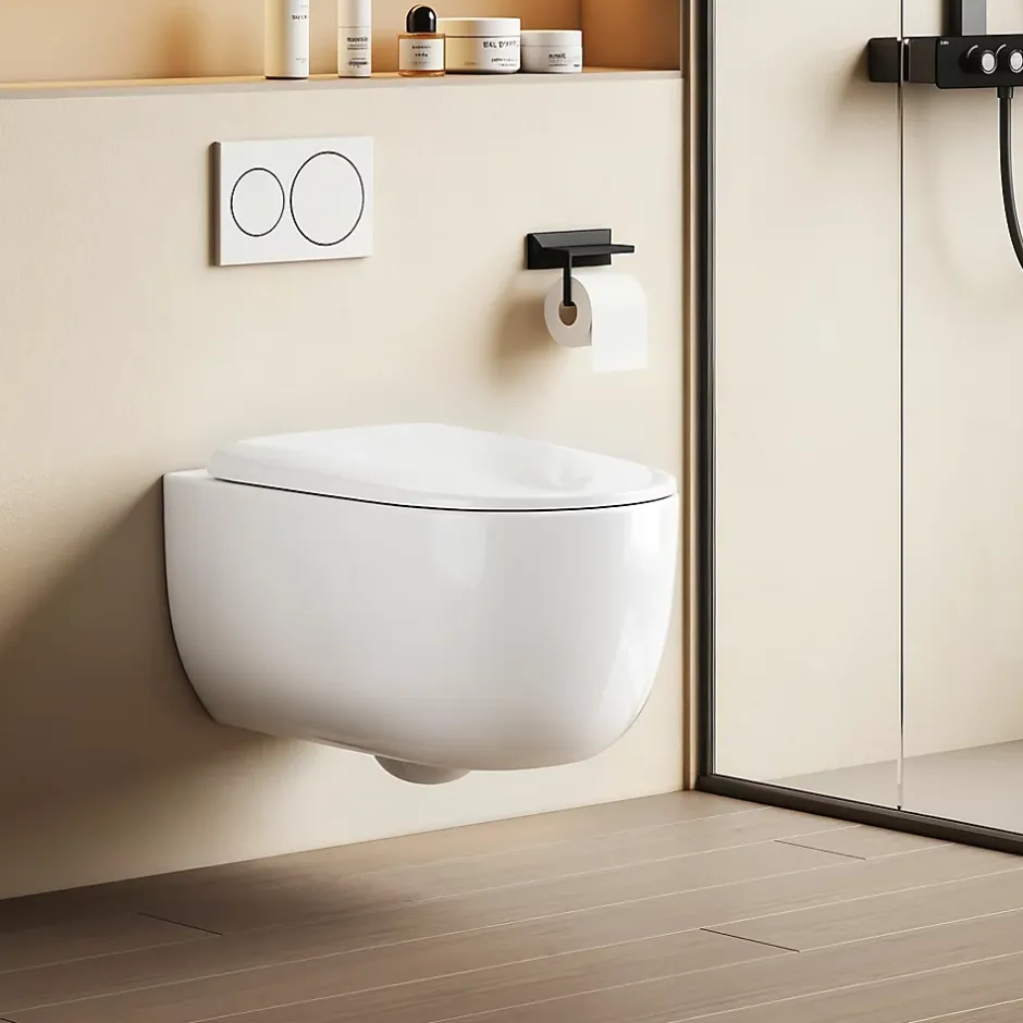 EMKE Toilettes Suspendue 555x365x355 mm Blanc Brillant, Design Sans Bord, Abattant à Fermeture Douce et Démontage Facile