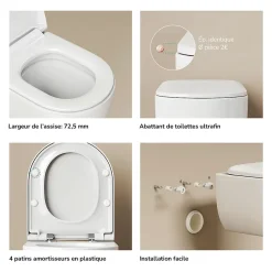 EMKE Toilettes Suspendue 555x365x355 mm Blanc Brillant, Design Sans Bord, Abattant à Fermeture Douce et Démontage Facile