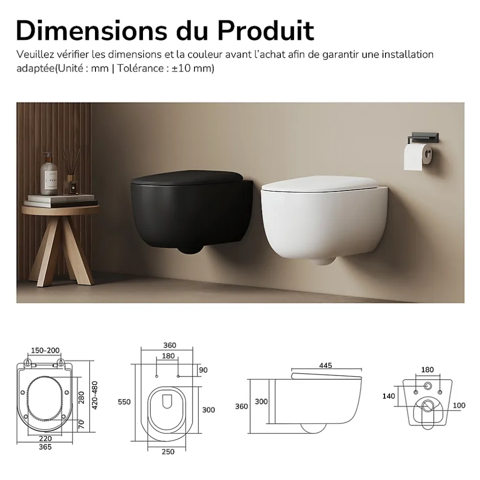 EMKE Toilettes Suspendue 555x365x355 mm Blanc Brillant, Design Sans Bord, Abattant à Fermeture Douce et Démontage Facile