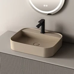EMKE Vasque à Poser 40 x 50 x 11 cm, Lavabo Rectangulaire en Céramique pour Salle de Bain, Coins Arrondis R, Beige Mat