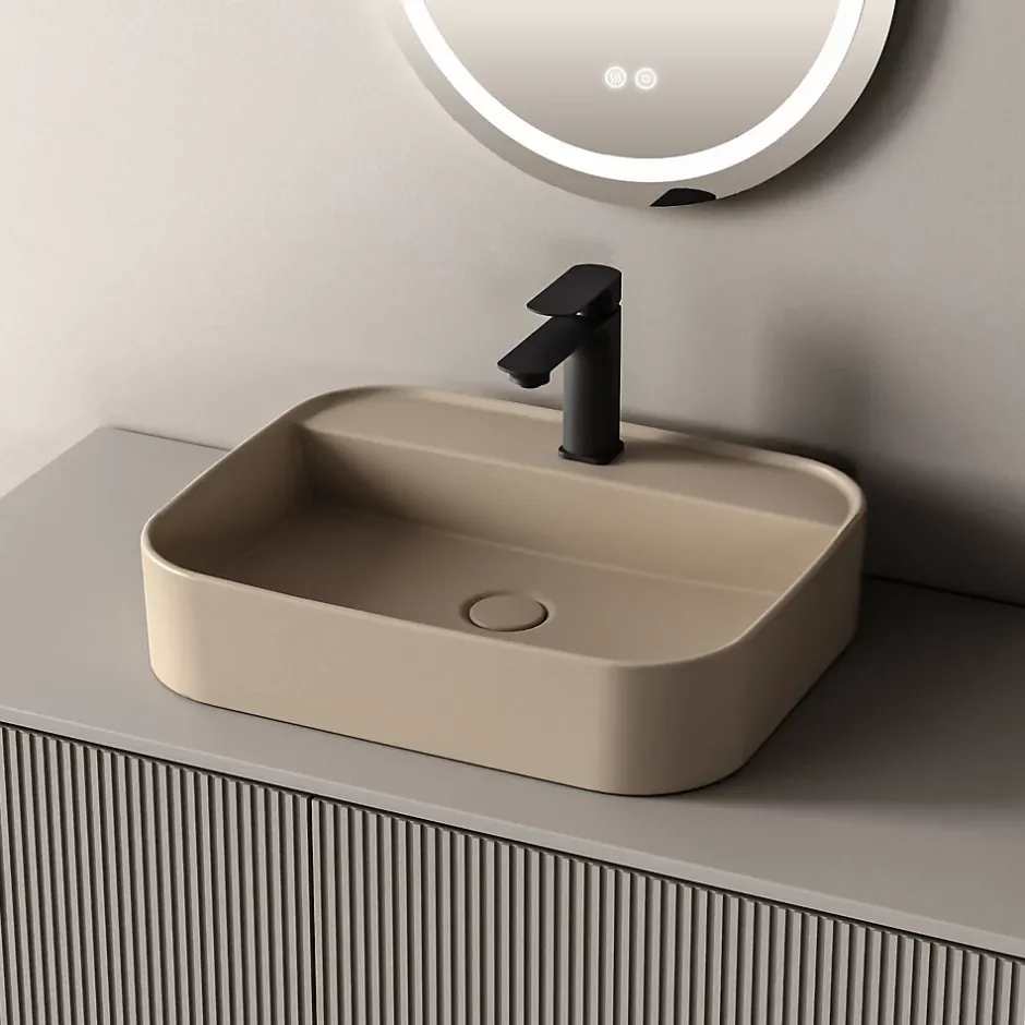 EMKE Vasque à Poser 40 x 50 x 11 cm, Lavabo Rectangulaire en Céramique pour Salle de Bain, Coins Arrondis R, Beige Mat