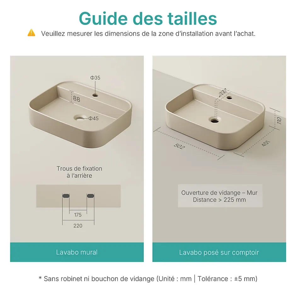 EMKE Vasque à Poser 40 x 50 x 11 cm, Lavabo Rectangulaire en Céramique pour Salle de Bain, Coins Arrondis R, Beige Mat