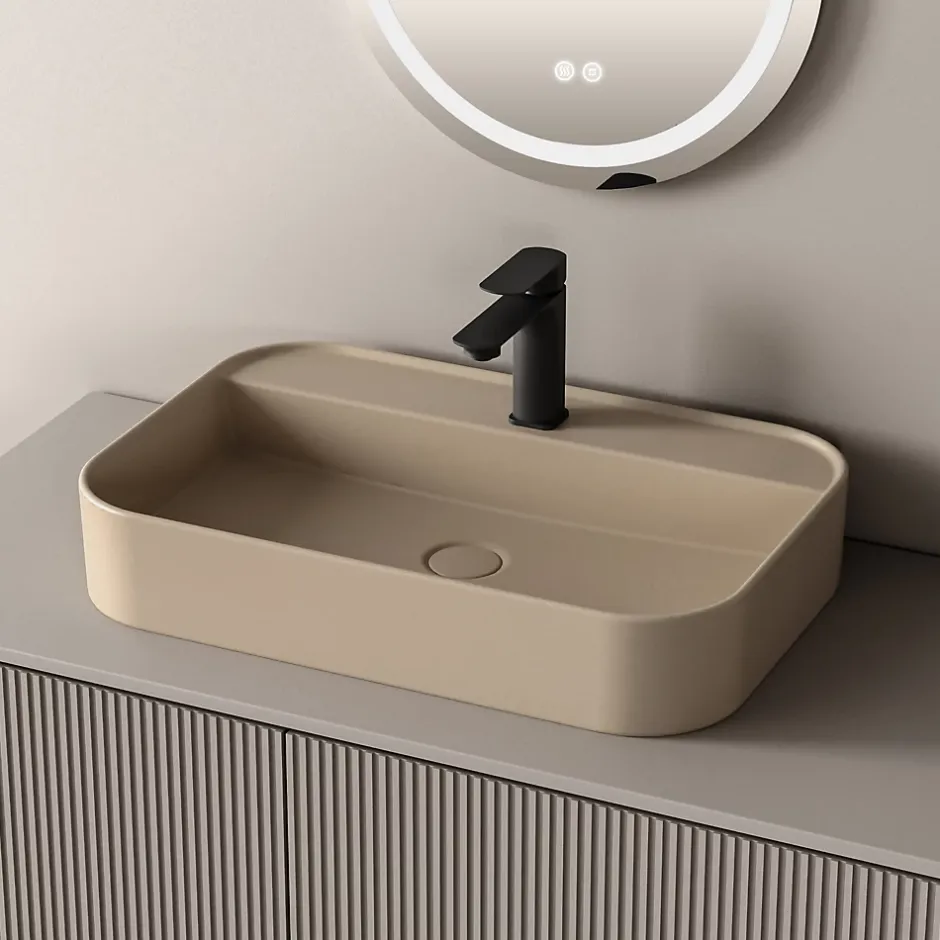 EMKE Vasque à Poser 40 x 60 x 11 cm, Lavabo Rectangulaire en Céramique pour Salle de Bain, Coins Arrondis R, Beige Mat