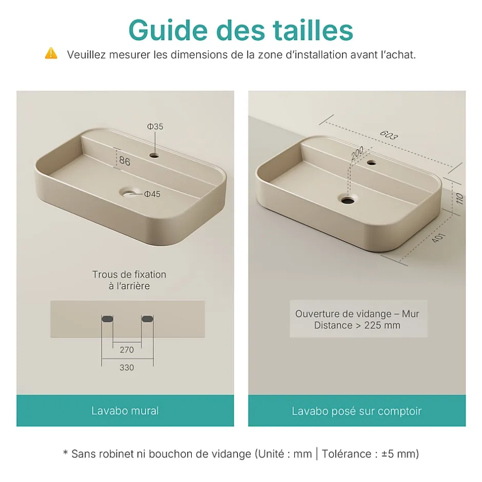 EMKE Vasque à Poser 40 x 60 x 11 cm, Lavabo Rectangulaire en Céramique pour Salle de Bain, Coins Arrondis R, Beige Mat
