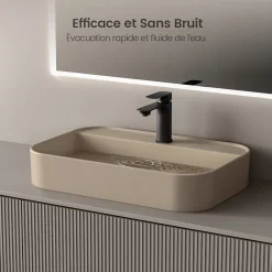 EMKE Vasque à Poser 40 x 60 x 11 cm, Lavabo Rectangulaire en Céramique pour Salle de Bain, Coins Arrondis R, Beige Mat