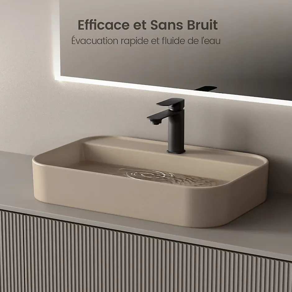 EMKE Vasque à Poser 40 x 60 x 11 cm, Lavabo Rectangulaire en Céramique pour Salle de Bain, Coins Arrondis R, Beige Mat