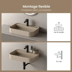 EMKE Vasque à Poser 40 x 60 x 11 cm, Lavabo Rectangulaire en Céramique pour Salle de Bain, Coins Arrondis R, Beige Mat