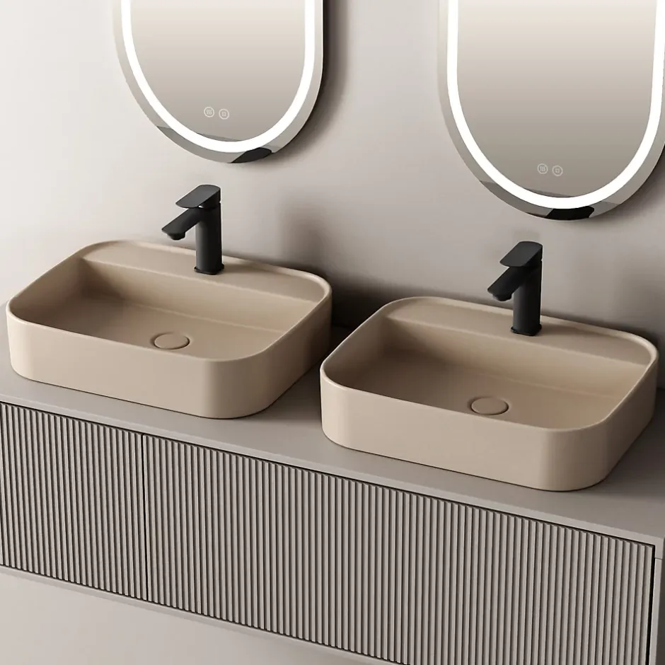 EMKE Vasque à Poser 40 x 60 x 11 cm, Lavabo Rectangulaire en Céramique pour Salle de Bain, Coins Arrondis R, Beige Mat