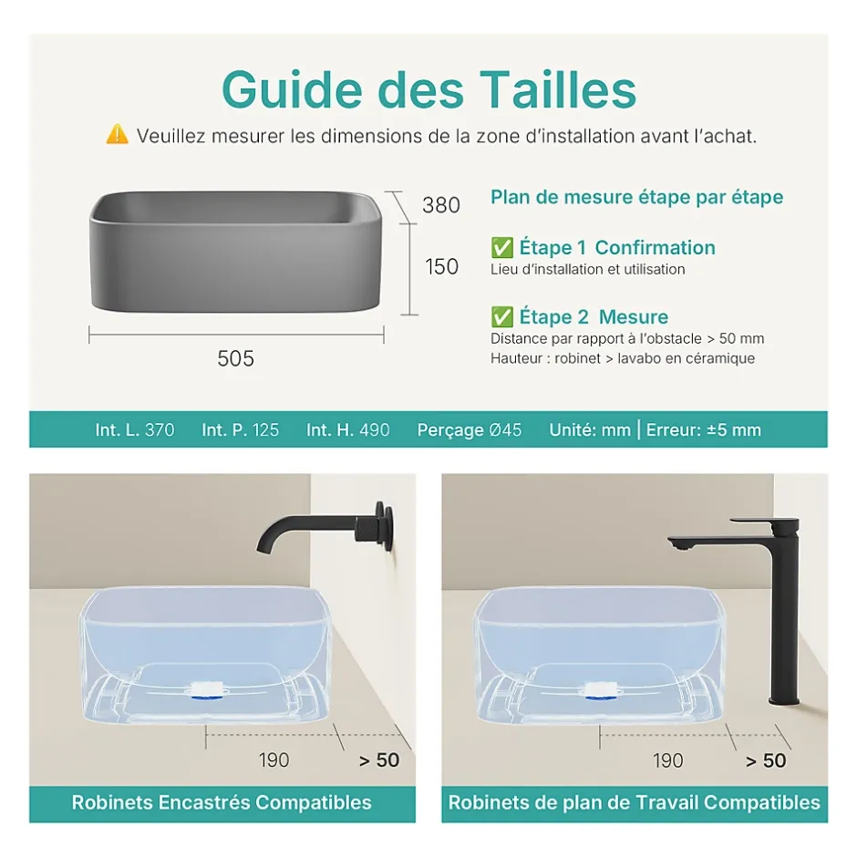 EMKE Vasque à Poser 505 x 380 x 150 mm, Lavabo Rectangulaire en Céramique pour Salle de Bain, Coins Arrondis R, Gris Foncé Mat* Vasque À Poser