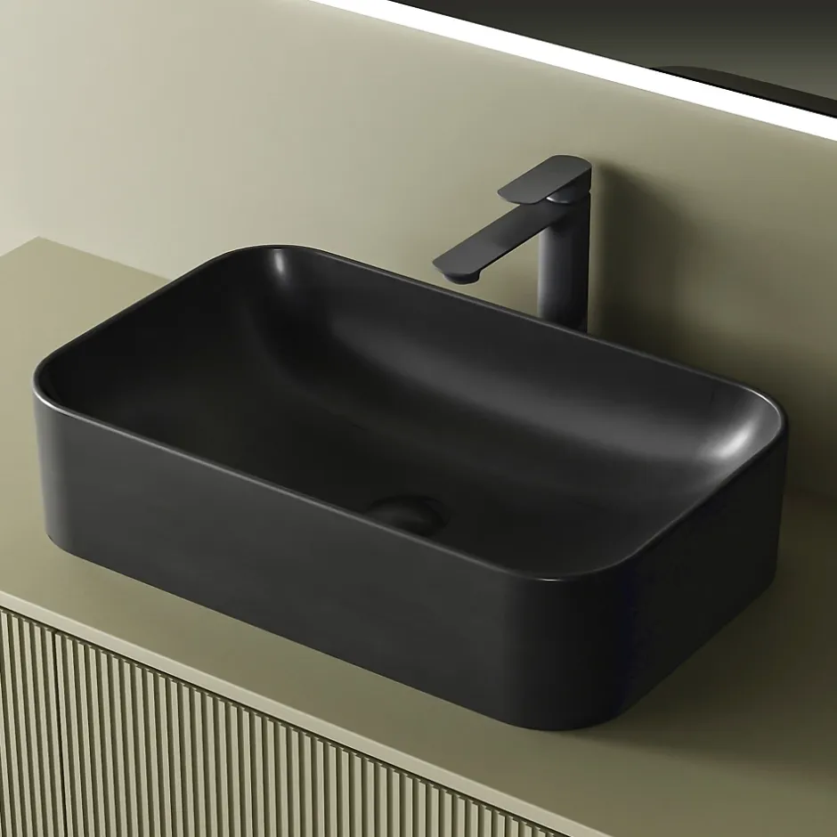 EMKE Vasque à Poser 610 x 380 x 150 mm, Lavabo Rectangulaire en Céramique pour Salle de Bain, Coins Arrondis R, Gris Foncé Mat* Vasque À Poser