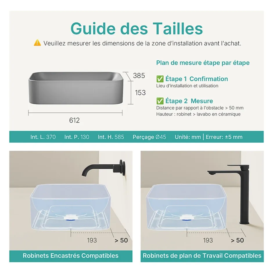 EMKE Vasque à Poser 610 x 380 x 150 mm, Lavabo Rectangulaire en Céramique pour Salle de Bain, Coins Arrondis R, Gris Foncé Mat* Vasque À Poser