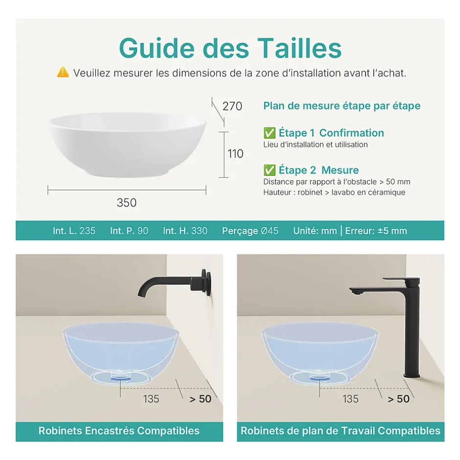 EMKE Vasque à Poser en céramique 35x27x11cm, Lavabo salle de bain Ovale, Lavabo à poser blanc brillant* Vasque À Poser