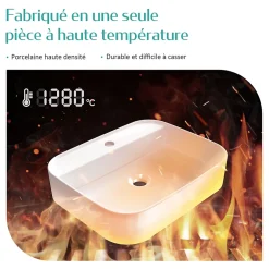EMKE Vasque à Poser en céramique 40x40x11cm, Lavabo Carré avec robinet trou prépercé, Lavabo à poser blanc brillant