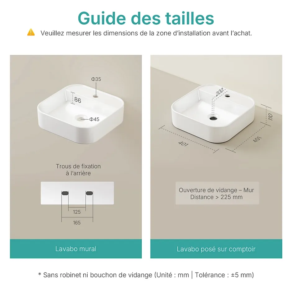 EMKE Vasque à Poser en céramique 40x40x11cm, Lavabo Carré avec robinet trou prépercé, Lavabo à poser blanc brillant