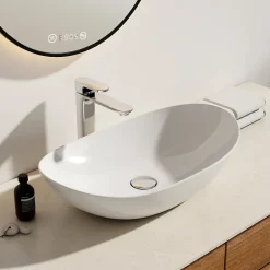 EMKE Vasque à Poser en céramique 61,5x36x15,5cm, Lavabo salle de bain Ovale, Lavabo à poser blanc brillant