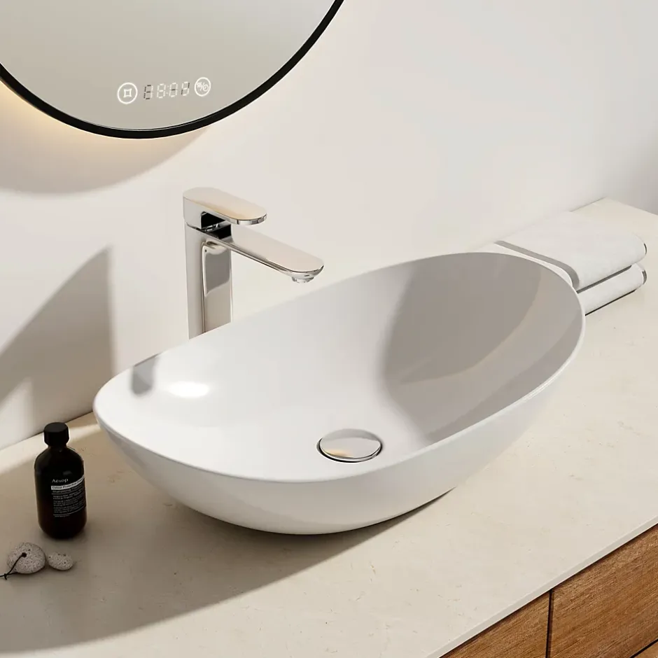EMKE Vasque à Poser en céramique 61,5x36x15,5cm, Lavabo salle de bain Ovale, Lavabo à poser blanc brillant