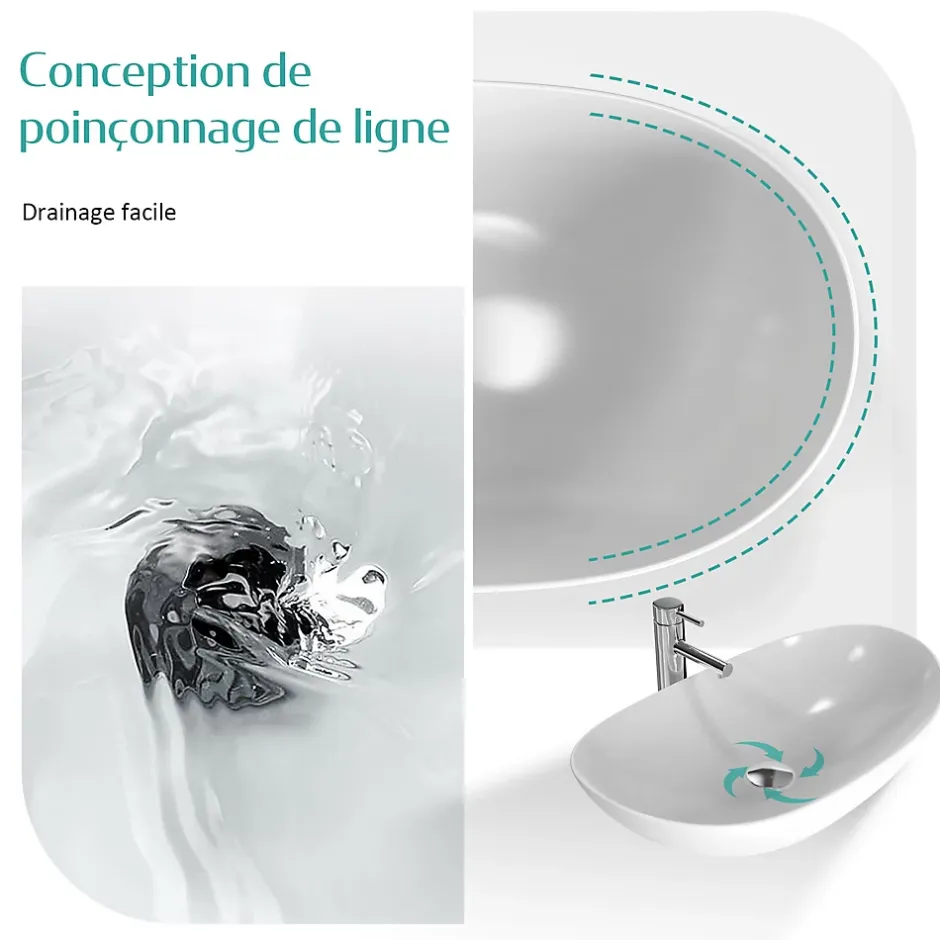 EMKE Vasque à Poser en céramique 61,5x36x15,5cm, Lavabo salle de bain Ovale, Lavabo à poser blanc brillant