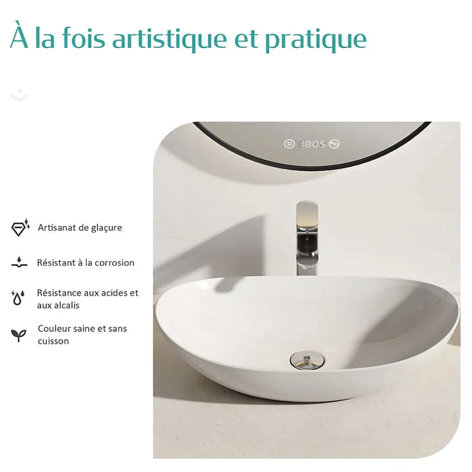 EMKE Vasque à Poser en céramique 61,5x36x15,5cm, Lavabo salle de bain Ovale, Lavabo à poser blanc brillant