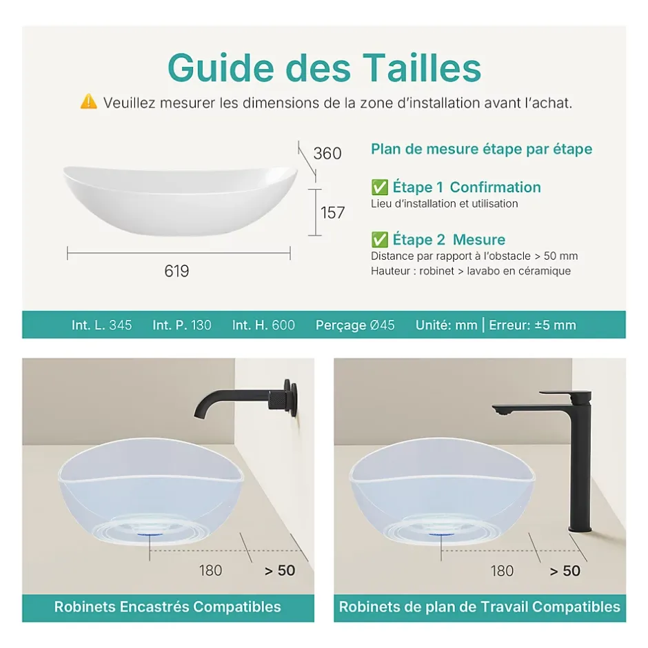 EMKE Vasque à Poser en céramique 61,5x36x15,5cm, Lavabo salle de bain Ovale, Lavabo à poser blanc brillant