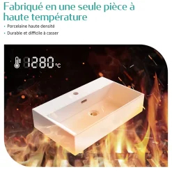 EMKE Vasque à Poser en céramique 60x36x13cm, Lavabo rectangulaire avec robinet trou prépercé, Lavabo à poser blanc brillant