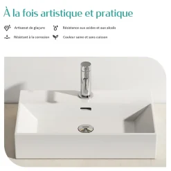 EMKE Vasque à Poser en céramique 60x36x13cm, Lavabo rectangulaire avec robinet trou prépercé, Lavabo à poser blanc brillant