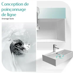EMKE Vasque à Poser en céramique 60x36x13cm, Lavabo rectangulaire avec robinet trou prépercé, Lavabo à poser blanc brillant