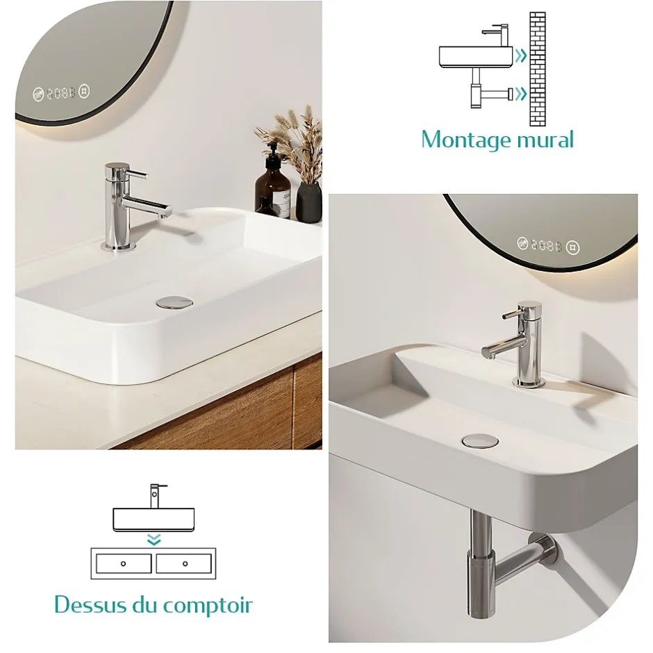 EMKE Vasque à Poser en céramique 60x40x11cm, Lavabo rectangulaire avec robinet trou prépercé, Lavabo à poser blanc brillant* Vasque À Poser