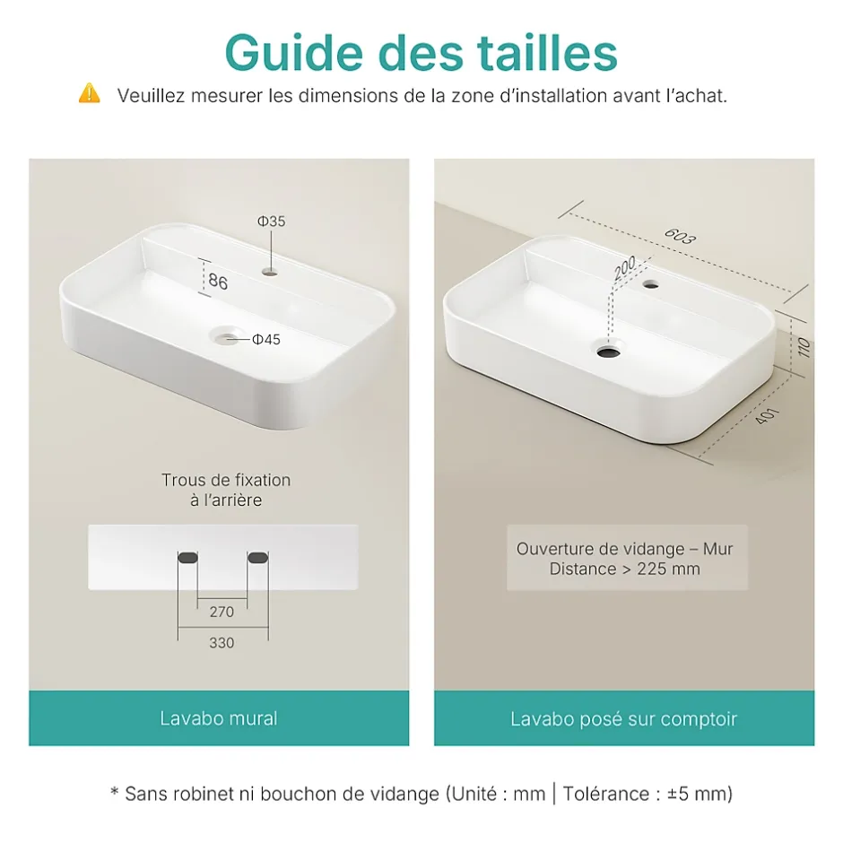 EMKE Vasque à Poser en céramique 60x40x11cm, Lavabo rectangulaire avec robinet trou prépercé, Lavabo à poser blanc brillant* Vasque À Poser