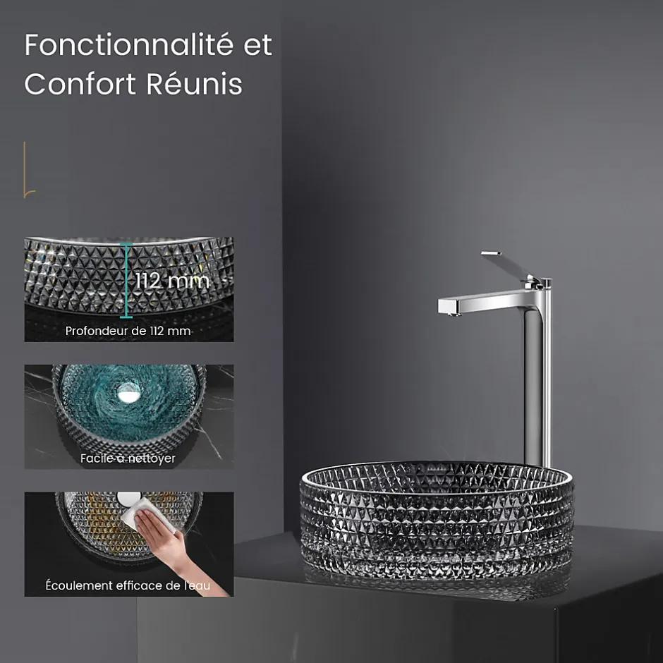 EMKE Vasque à Poser Ronde, 360 x 360 x 112 mm, Lavabo en Verre Noir, Design Montage sur Comptoir