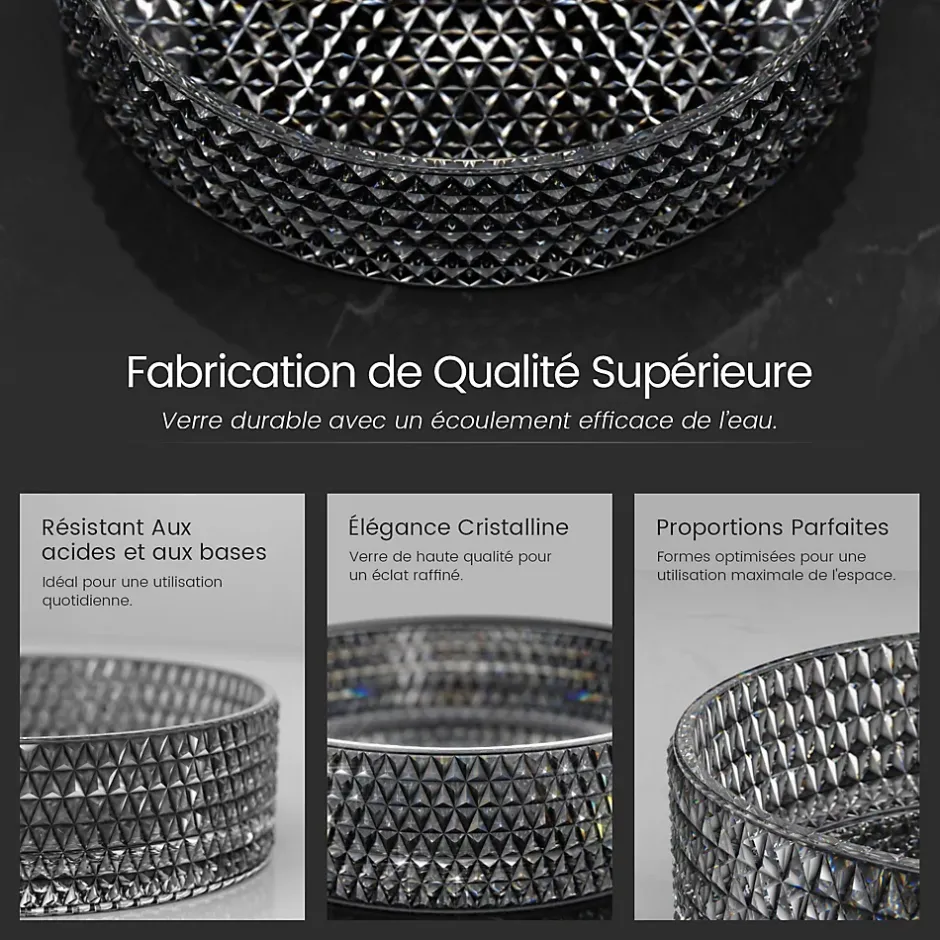EMKE Vasque à Poser Ronde, 360 x 360 x 112 mm, Lavabo en Verre Noir, Design Montage sur Comptoir