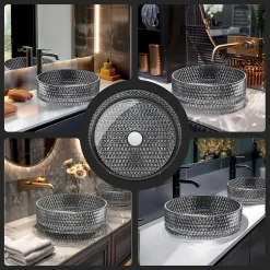 EMKE Vasque à Poser Ronde, 360 x 360 x 112 mm, Lavabo en Verre Noir, Design Montage sur Comptoir