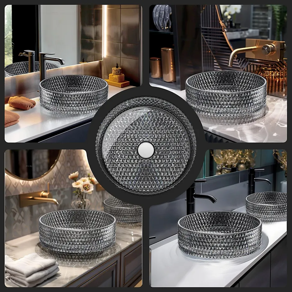 EMKE Vasque à Poser Ronde, 360 x 360 x 112 mm, Lavabo en Verre Noir, Design Montage sur Comptoir